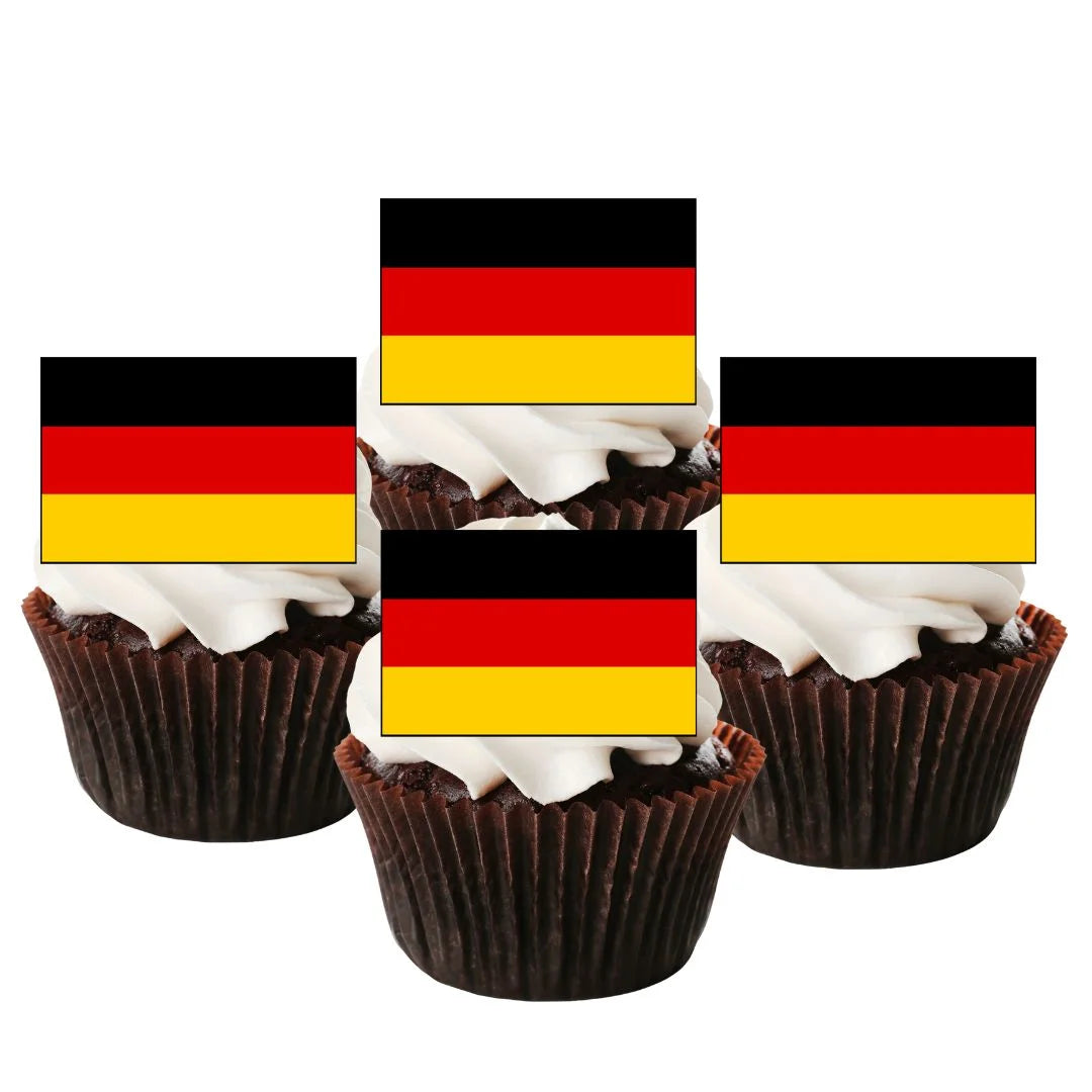 German Flag Edible Cupcake Toppers on chocolate cupcakes with white frosting