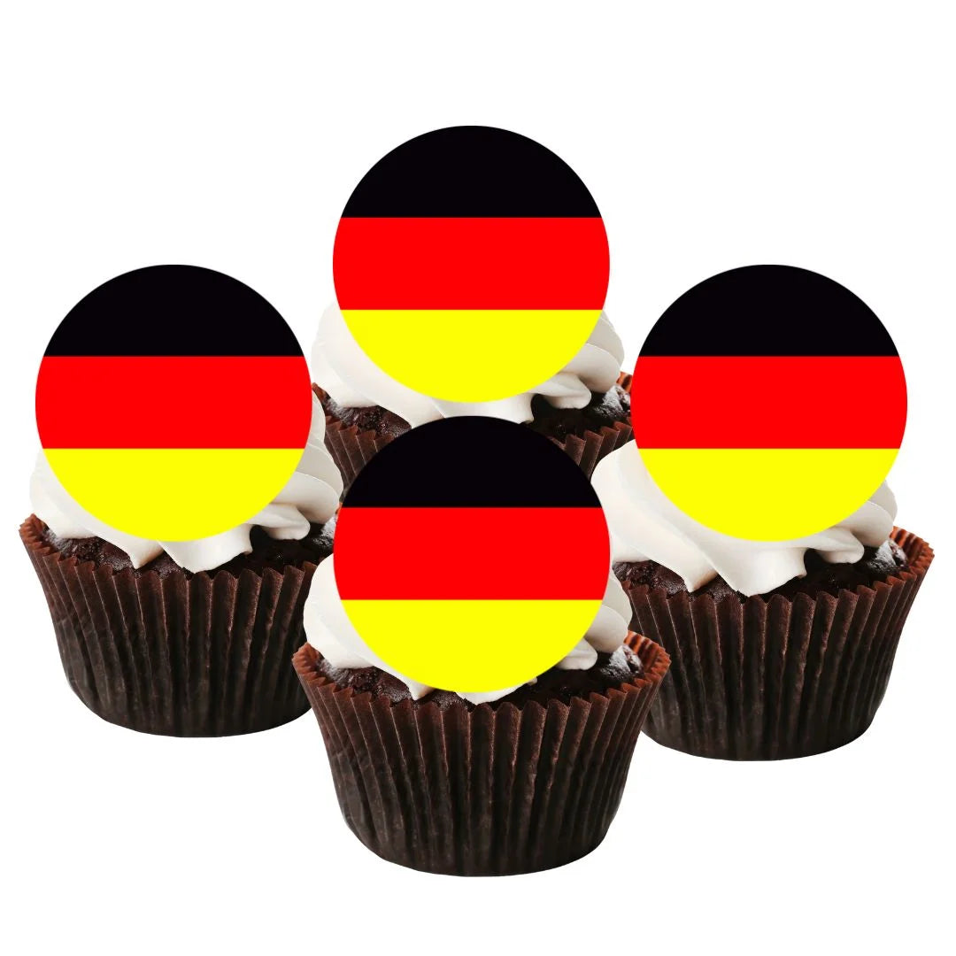 German Flag Round Edible Cupcake Toppers on chocolate cupcakes with white frosting