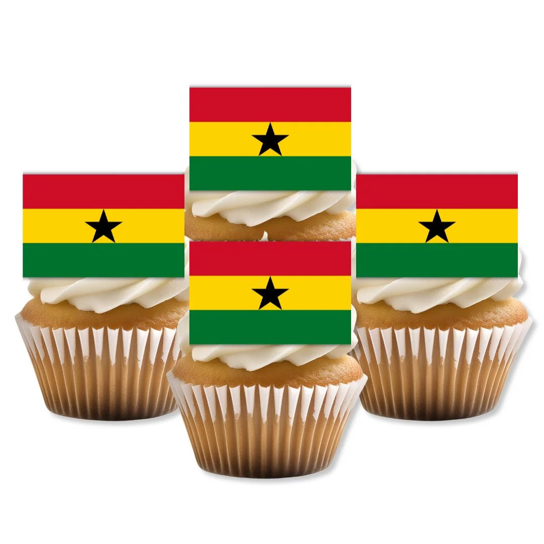 Ghana Flag Edible Cupcake Toppers on white frosted cupcakes