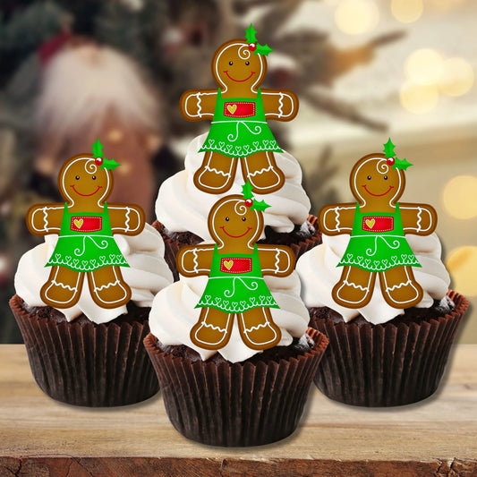 Gingerbread Woman Edible Cupcake Toppers on chocolate cupcakes with white frosting