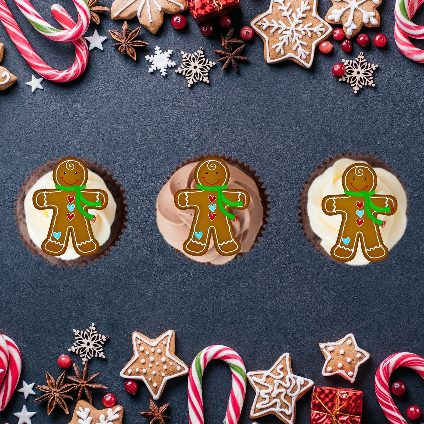 Gingerbread Man Edible Cupcake Toppers on chocolate cupcakes with white frosting