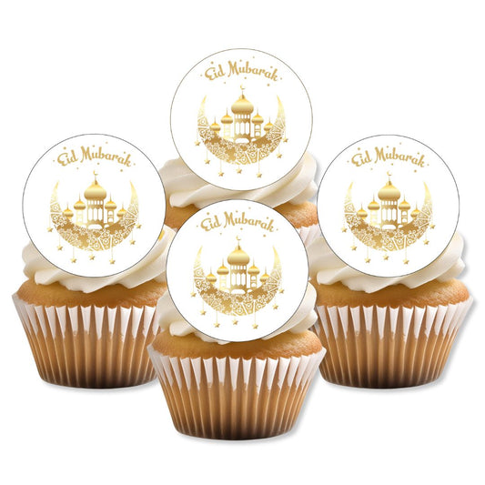 Cupcakes with white frosting and 'Eid Mubarak' toppers on a white background