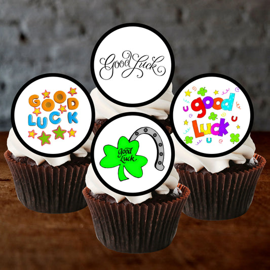 Good Luck Edible Cupcake Toppers on chocolate cupcakes with white frosting