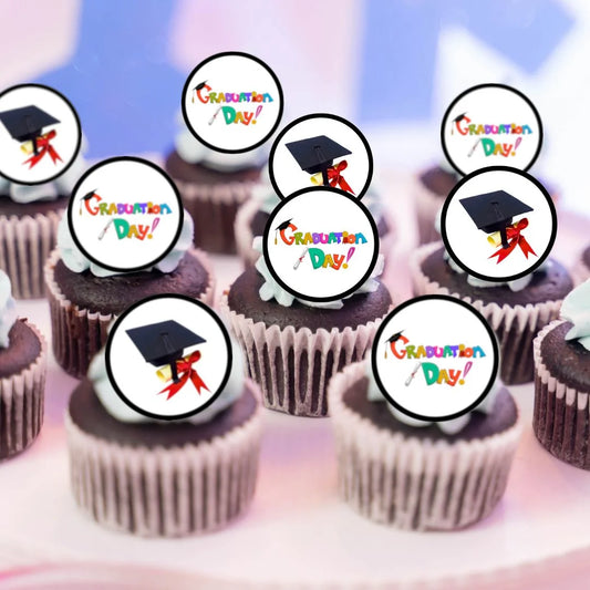 Graduation Day Round Edible Cupcake Toppers on chocolate cupcakes with white frosting