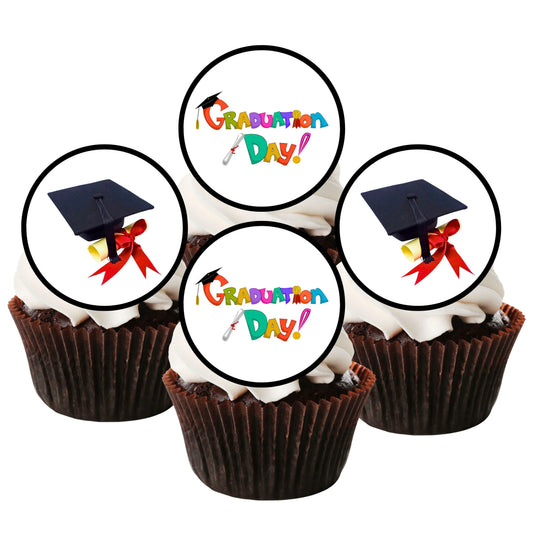 Graduation Day Round Edible Cupcake Toppers on chocolate cupcakes with white frosting