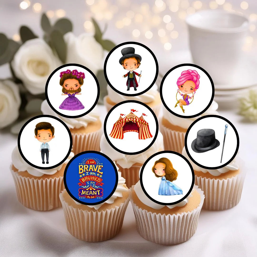 Showman Edible Cupcake Toppers on chocolate cupcakes with white frosting