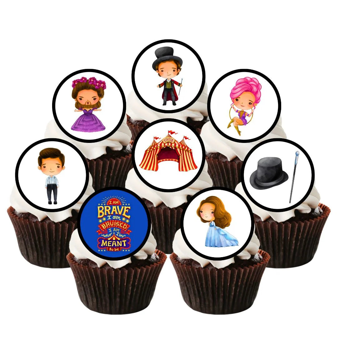 Showman Edible Cupcake Toppers on chocolate cupcakes with white frosting