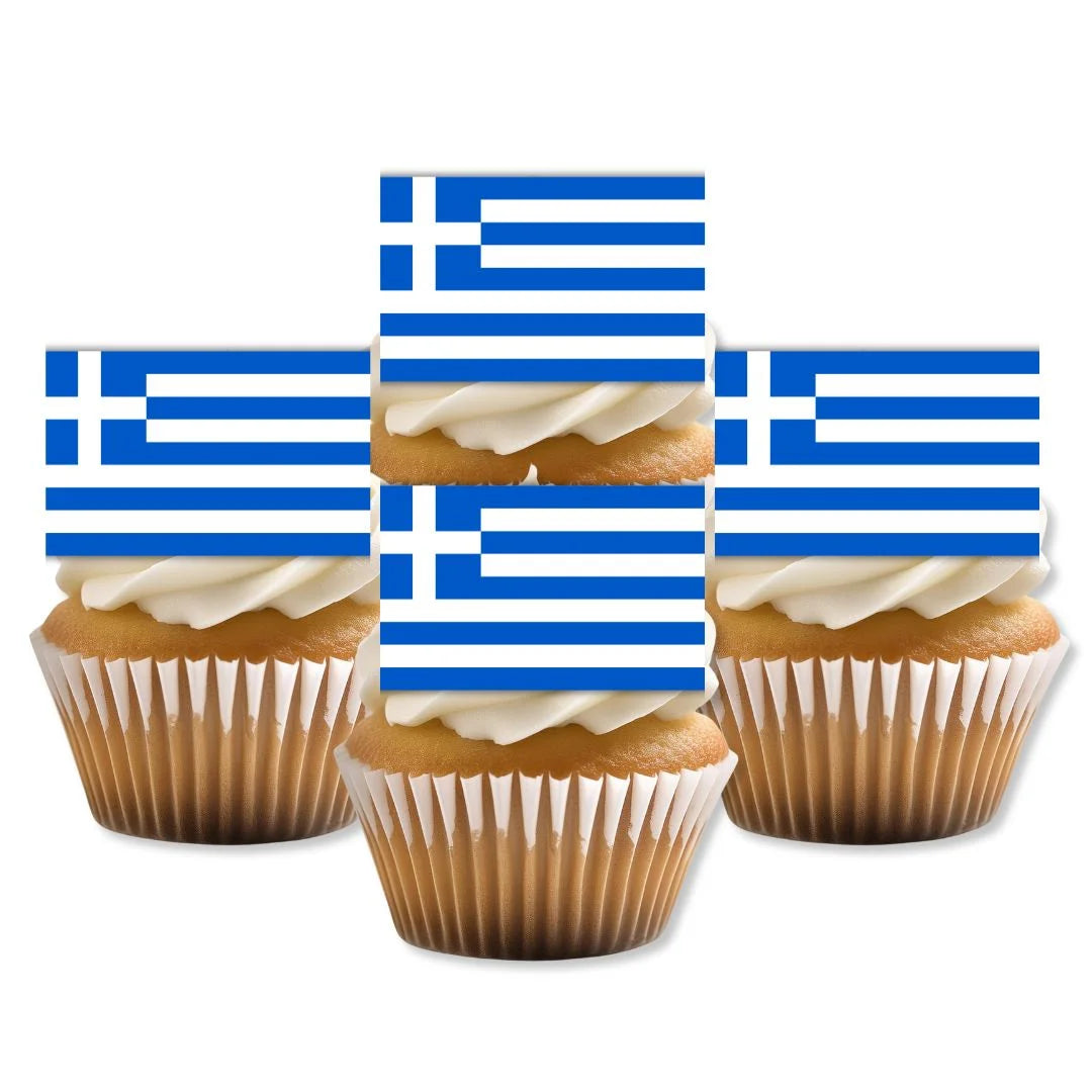 Greece Flag Edible Cupcake Toppers on white frosted cupcake toppers