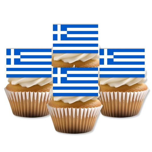 Greece Flag Edible Cupcake Toppers on white frosted cupcake toppers