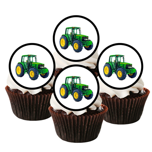 Green Tractor Edible Cupcake Toppers on chocolate cupcakes with white frosting