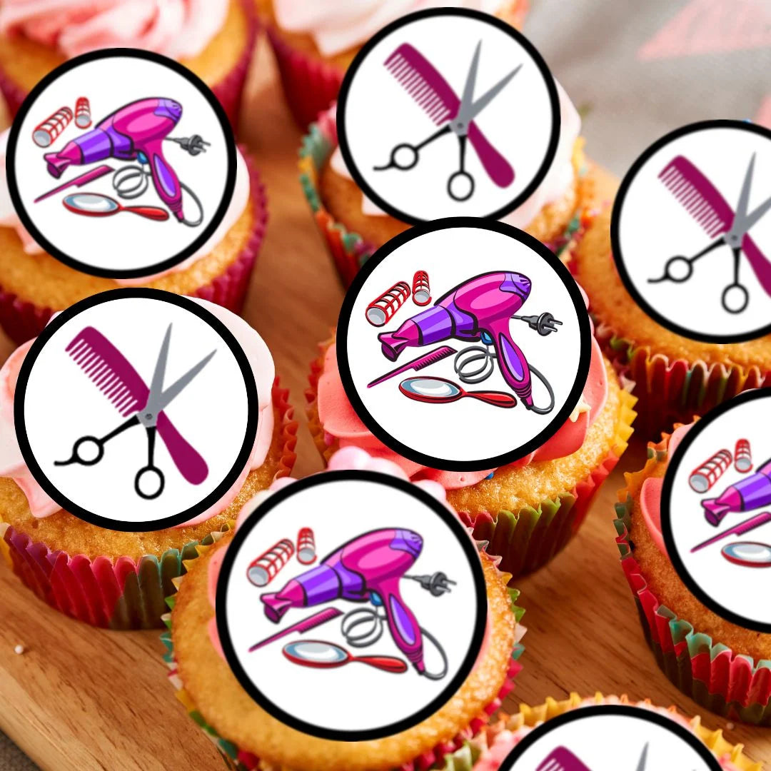 Hairdresser Edible Cupcake Toppers on frosted cupcakes