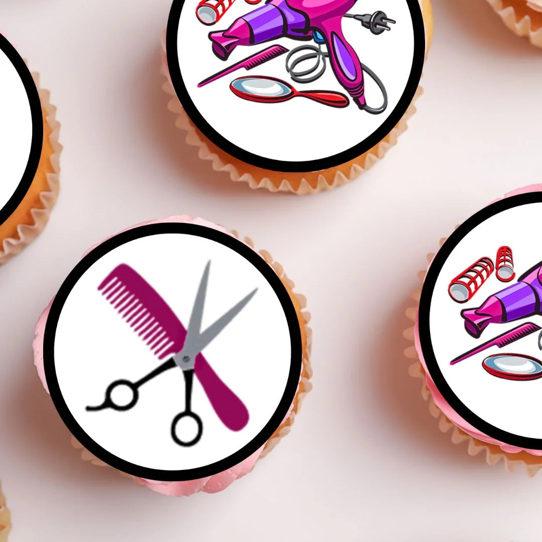 Hairdresser Edible Cupcake Toppers on white frosted cupcakes