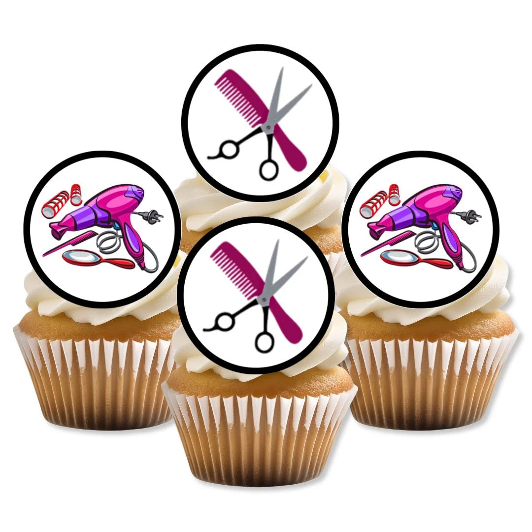 Hairdresser Edible Cupcake Toppers on white frosted cupcakes