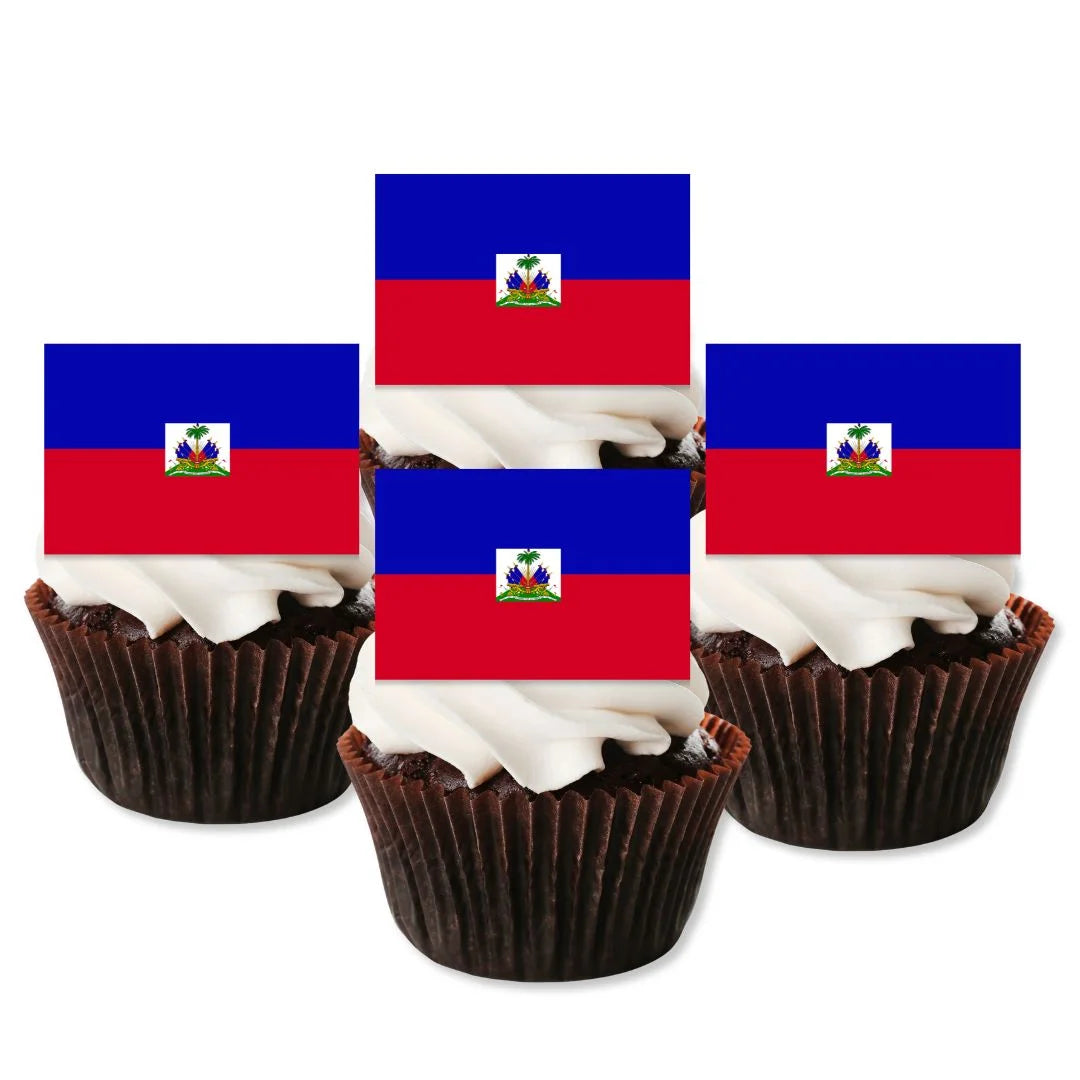 Haiti Flag Edible Cupcake Toppers in chocolate cupcakes with white frosting