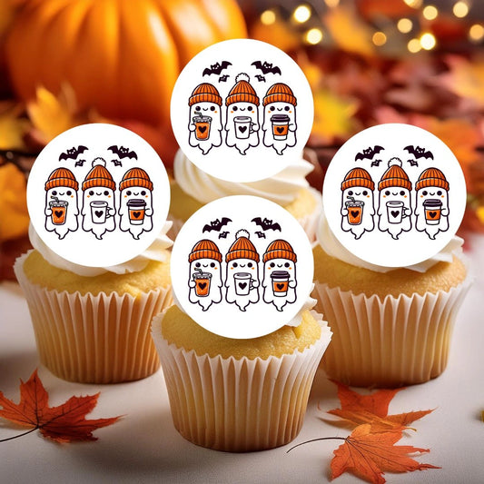 Coffee Ghost Edible Cupcake Toppers on chocolate cupcake with white frosting
