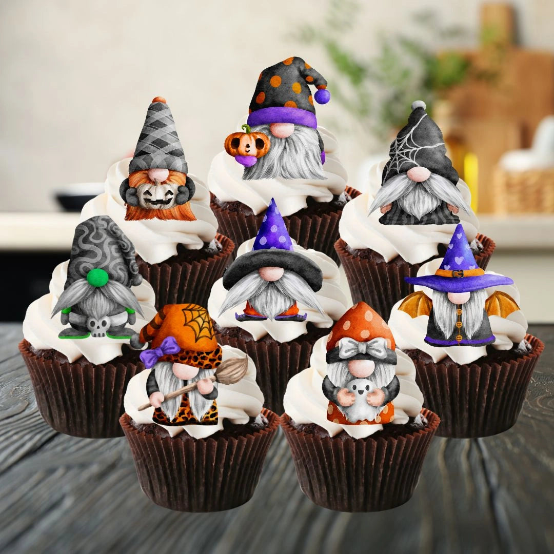 Halloween Gnomes Edible Cupcake Toppers on chocolate cupcakes with white frosting