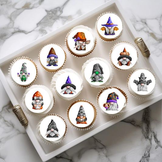 Halloween GnomesHalloween Cupcake Toppers on white frosted cupcakes