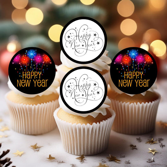Happy New Year Edible Cupcake Toppers on white frosted cupcakes
