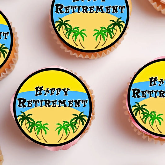 Happy Retirement Edible Cupcake Toppers with a beach theme on white frosted cupcakes
