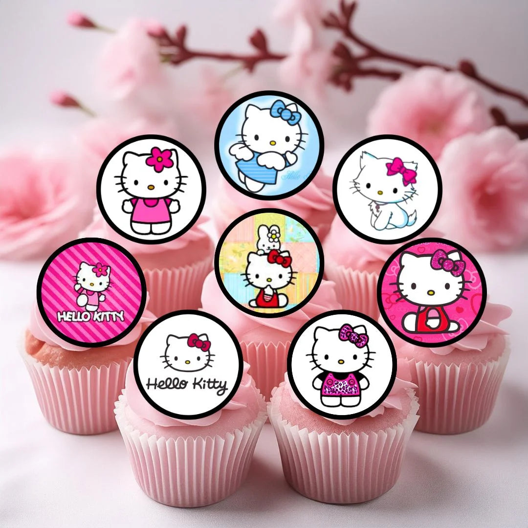 Hello Kitty Themed Edible Cupcake Toppers on pink frosted cupcakes
