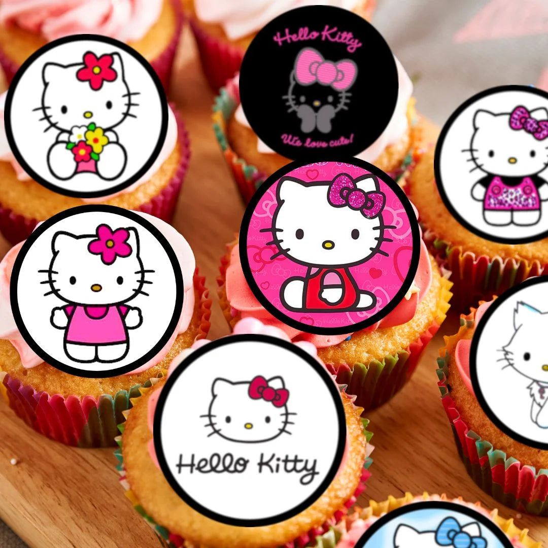Hello Kitty Themed Edible Cupcake Toppers on pink frosted cupcakes