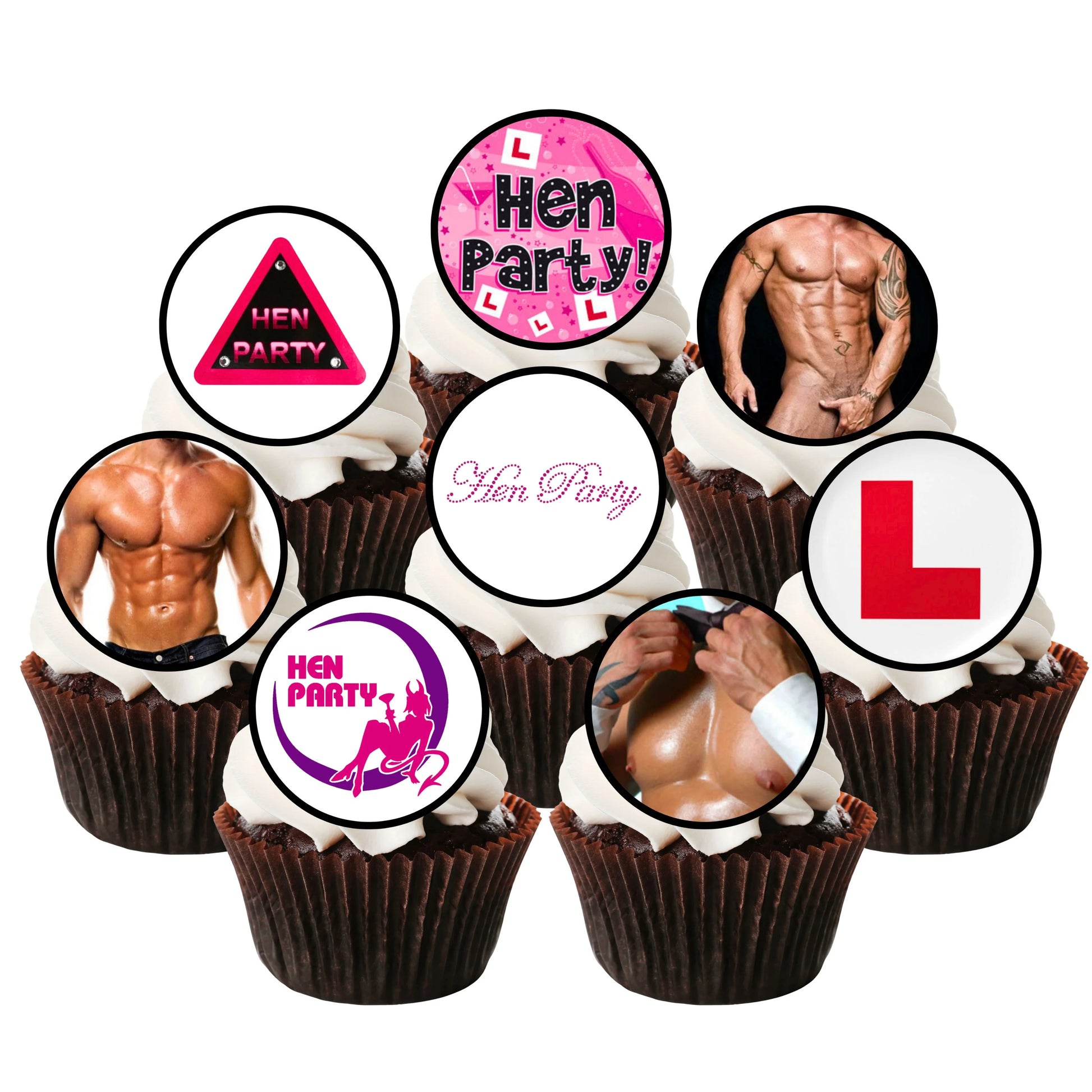 Hen Party Edible Cupcake Toppers on chocolate cupcakes with white frosting