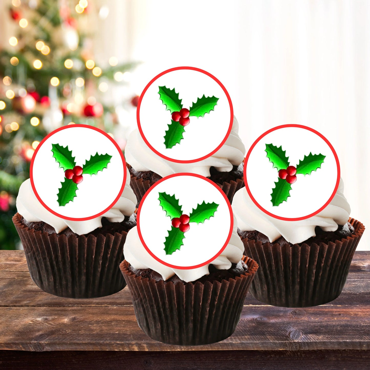 Christmas Holly Edible Cupcake Toppers on chocolate cupcakes with white frosting