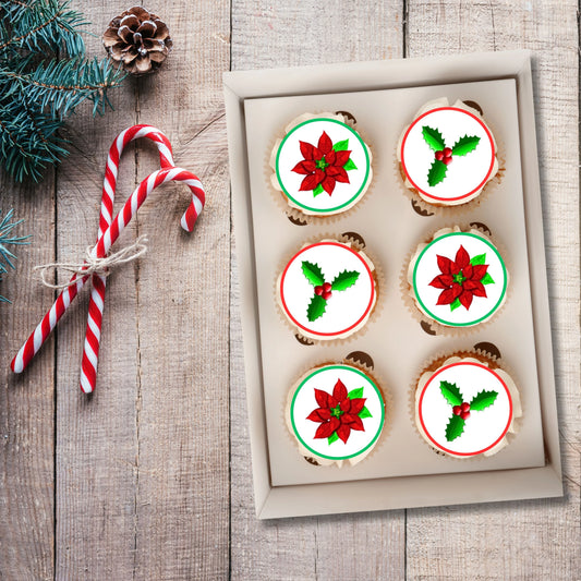 Christmas Poinsettia + Holly Cupcake Toppers on chocolate cupcakes with white frosting