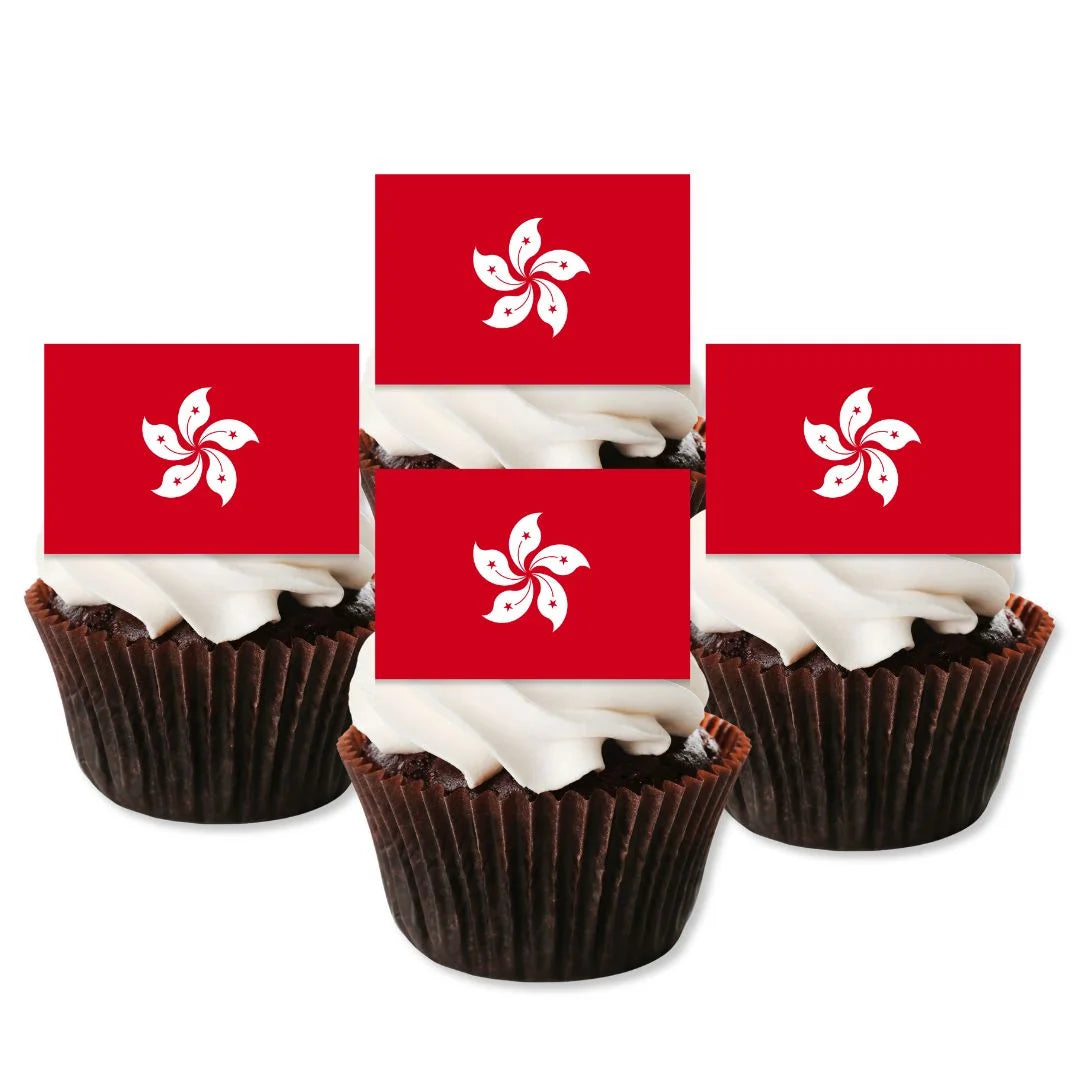 Hong Kong Flag Edible Cupcake Toppers on chocolate cupcakes with white frosting