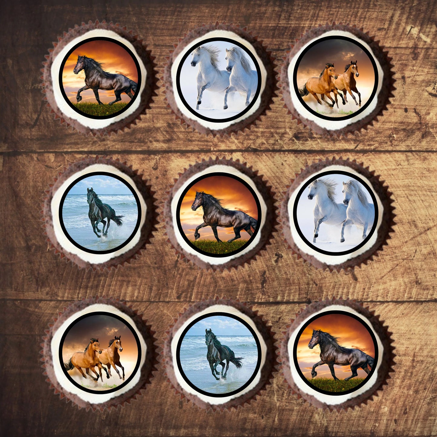 nine cupcakes featuring cian's cupcake toppers with a horse theme