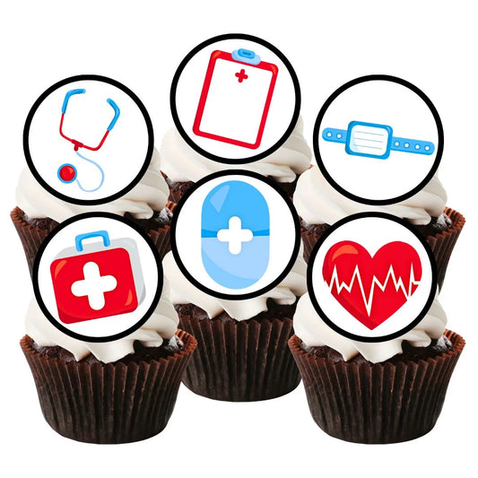 Hospital Theme Edible Cupcake Toppers on white frosted cupcakes