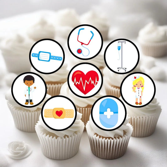 Hospital Theme Edible Cupcake Toppers on white frosted cupcakes