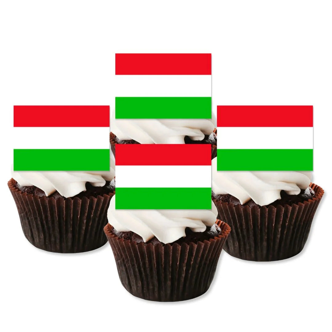 Hungary Flag Edible Cupcake Toppers on chocolate cupcakes with white frosting