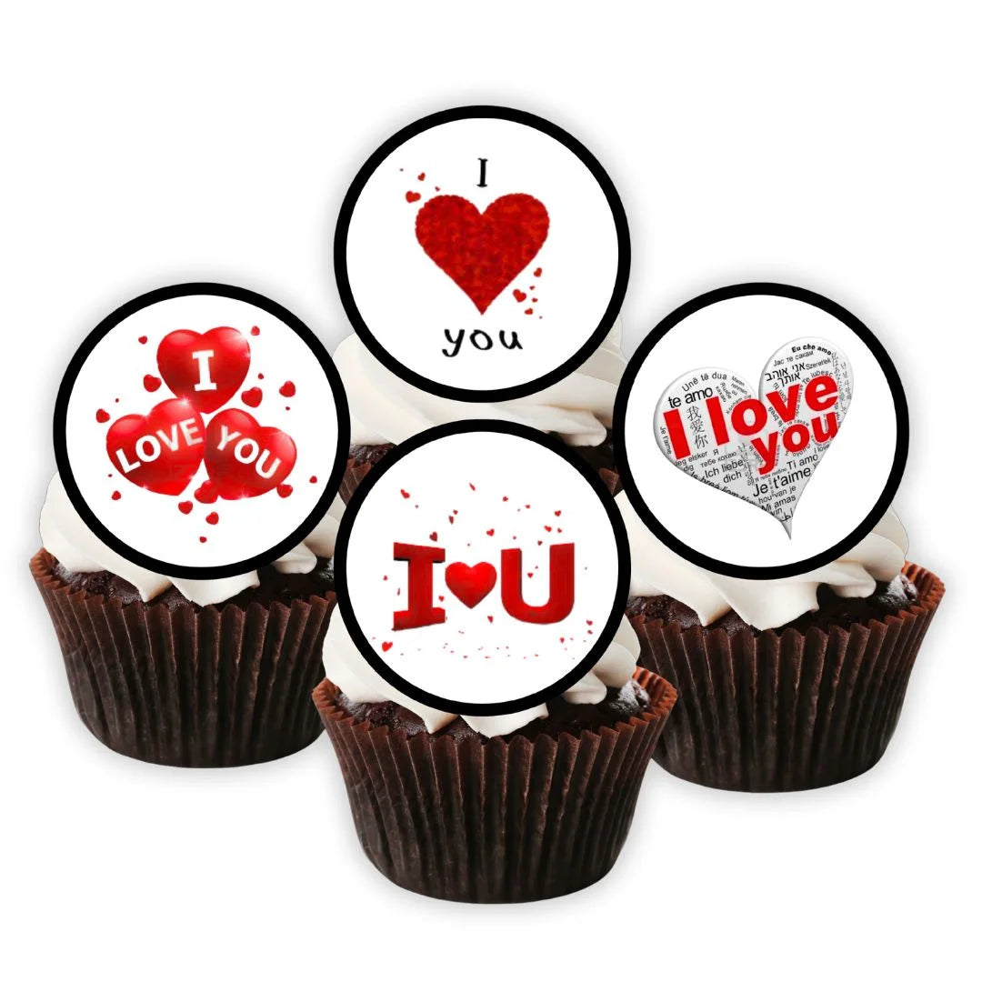 I Love You Edible Cupcake Toppers on chocolate cupcakes with white frosting