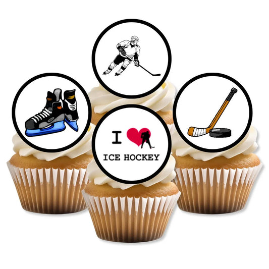 Ice Hockey Edible Cupcake Toppers on white frosted cupcakes