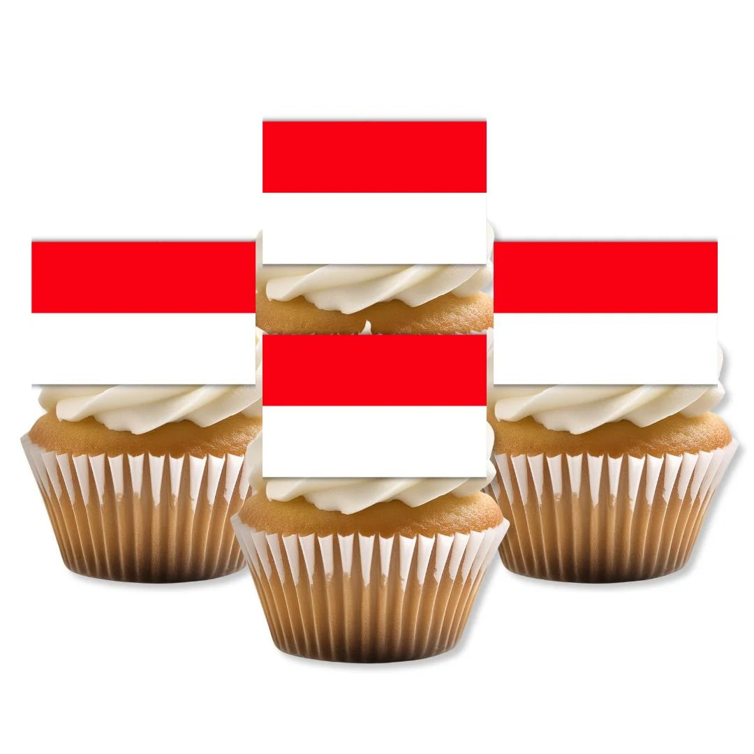 Indonesia Flag Edible Cupcake Toppers on white frosted cupcakes