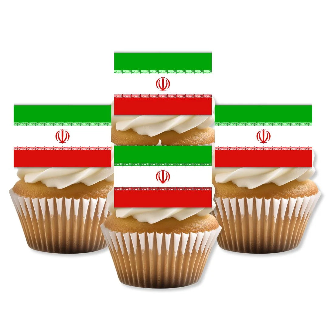Iran Flag Edible Cupcake Toppers on white frosted cupcakes