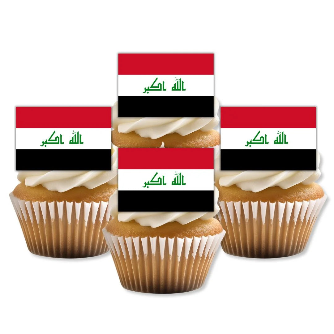 Iraq Flag Edible Cupcake Toppers on white frosted cupcakes