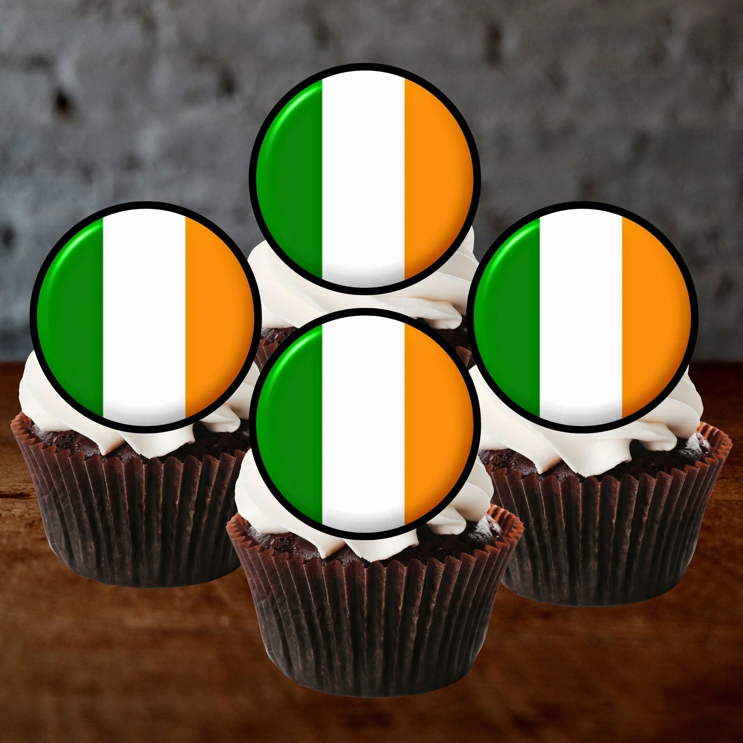 Ireland Flag Round Edible Cupcake Toppers on chocolate cupcakes with white frosting