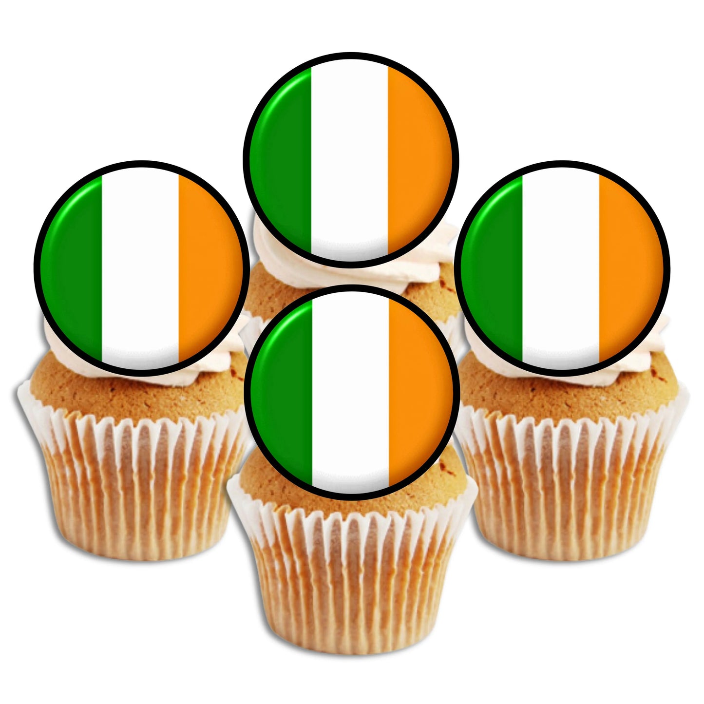 Ireland Flag Round Edible Cupcake Toppers on sponge cupcakes with white frosting