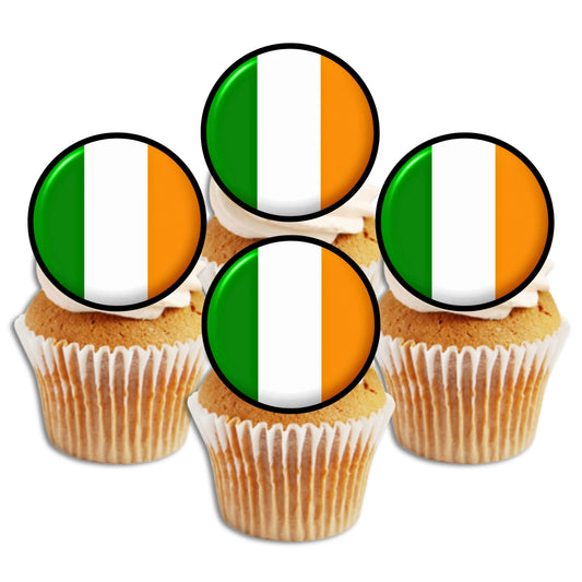 Ireland Flag Round Edible Cupcake Toppers on sponge cupcakes with white frosting