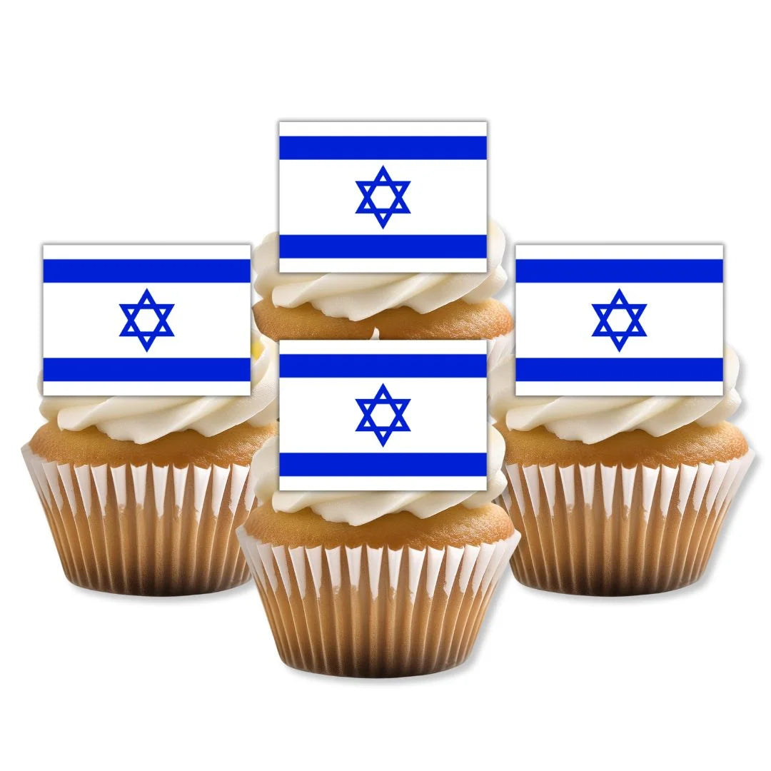 Israel Flag Edible Cupcake Toppers on white frosted cupcakes