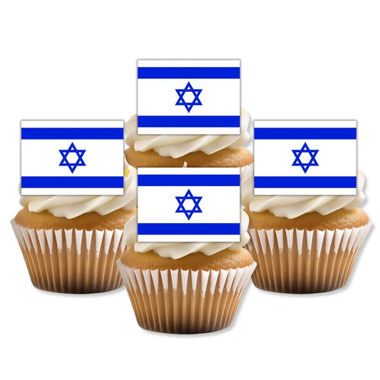 Israel Flag Edible Cupcake Toppers on white frosted cupcakes