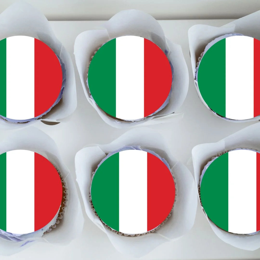 top view of Italian Flag Round Edible Cupcake Toppers on cupcakes with white frosting