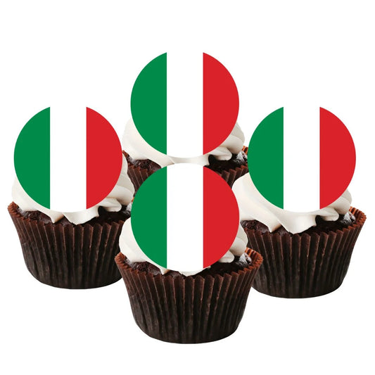 Italian Flag Round Edible Cupcake Toppers on chocolate cupcakes with white frosting