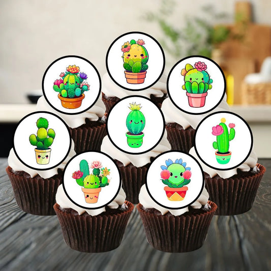 Kawaii Cactus Edible Cupcake Toppers on chocolate cupcakes with white frosting