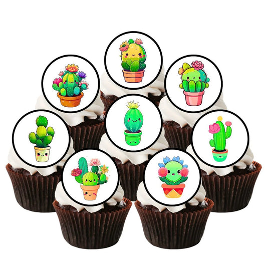 Kawaii Cactus Edible Cupcake Toppers on chocolate cupcakes with white frosting