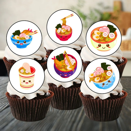 Kawaii Ramen Edible Cupcake Toppers on chocolate cupcakes with white frosting