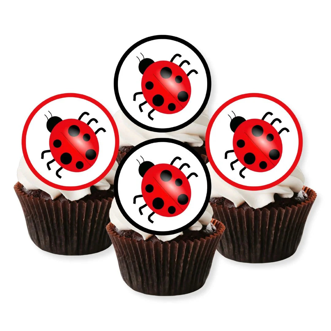 Ladybird Themed Edible Cupcake Toppers on chocolate cupcakes with white frosting