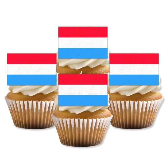 Luxembourg Flag Edible Cupcake Toppers on white frosted cupcakes